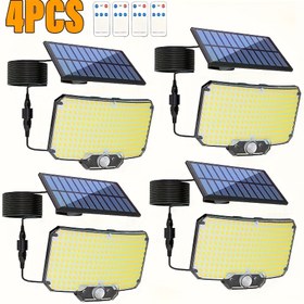 Resim 4 adet ticari sokak güneş enerjili duvar lambası, 234LED, hareket sensörlü arama ışığı, kızılötesi uzaktan kumandalı 3 modlu güneş enerjili ticari alan aydınlatma reflektörü, ticari sokaklar, teraslar, verandalar ve kamp için uygun güneş enerjili duvar lambaları 