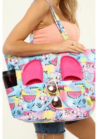Resim İcone Bag Kadın Çantası, Fonksiyonel Baskılı Plaj Çanta, Beach Bag, Karpuz Tropical Desenli Fermuarlı Çanta Mavi - Pembe 