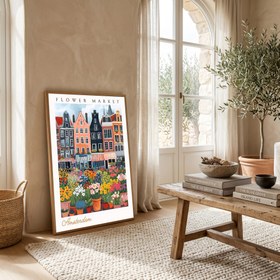 Resim Amsterdam Flower Market Print - Canal Houses Tulip Cityscape Art - Wooden Frame - Natural / 16 x 20" (40x50 cm) 