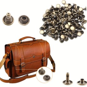 Resim 100 Adet Antik Bronz Bakır Çift Kapaklı Suni Deri Perçinleri - 8x8mm Yuvarlak Düz Tıpa Düğme, DIY Suni Deri El İşi, Kıyafetler, Çantalar, Ayakkabı Süsleme ve Giysi Tamir Aksesuarları İçin Çift Taraflı Metal Çiviler 