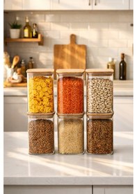 Resim Porsima 6-3 Bambu Vakumlu Kapaklı Kare Borsilikat Cam 6lı Kavanoz Seti Saklama Kabı 1250ml 9,5x15cm Ahşap - Şeffaf 