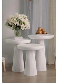 Resim Wood Ahşap Beyaz 3 Lü Set Mantar Yan Sehpa Fiskos Çiçeklik Decorative Beyaz 