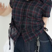 Resim Kadınların Vintage Esintili Kısa Kollu Polo Yaka Gömleği, Bağcıklı Bel, Çizgili Desen, Düğmeli Ön, Rahat Yaz Üstü, Rahat Giyim Üstü | Vintagepolo Yaka | Düğmeli Gömlek 
