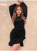 Resim Kadın Uzun Kollu Bisiklet Yaka Önden Volanlı Ithal Krep Elbise Siyah 