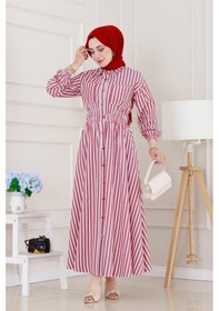 Resim Sevitli Çizgili Cepli Tesettür Elbise-bordo-5133 Bordo 