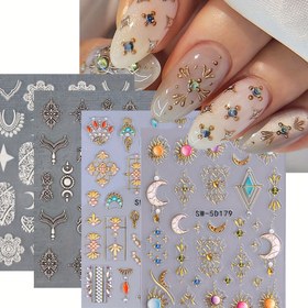 Resim 4'lü Paket SWEET TREND 5D Bohem Tırnak Sanatı Stickerları - Dantel, Vitray, Güneş & Ay, Kelt Düğümü & Arapça Kaligrafi Benzeri Desenlerle 3D Katmanlı Kaldırma Çıkartmaları (SW-5D65/66/176/179) DIY Manikür, Salon & Parti Tırnakları için 