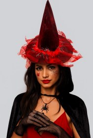 Resim Hallowen Cadılar Bayramı Cadı Şapkası Örümcek Ağı Baskılı Tüylü Simli Kırmızı Parti Kostümü Diğer 