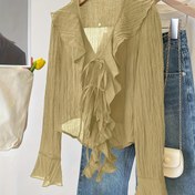 Resim Kadın Şık V Yaka Uzun Kollu Hırka - Düz Renk, Fırfırlı Etek Ucu, İpli Bel, Sonbahar/Kış Modası, Günlük Stil, Düz Renk, Uzun Kollu 