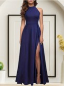 Resim ARONA MDB Kadın Halter Yaka Derin Yırtmaç Detaylı Tam Boy Janjan Krep Abiye Elbise 