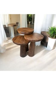 Resim Simillo Home&Living Wood Wooden Ahşap 3’lü Set Fitilli Mantar Yan Sehpa Modern Ceviz Renk Fiskos 