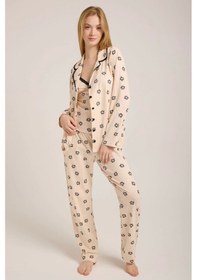 Resim Bej Rengi Çiçek Baskılı Düğmeli Pijama Takımı Bej 