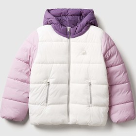 Resim Benetton Kız Çocuk Ekru-Lila Sol Göğsü Logo İşlemeli Cepli Kapüşonlu Yüksek Yaka Mont - 6-7 Yaş 