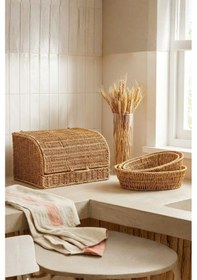 Resim Mien Doğal Rattan 3’lü Hasır Set | Kapaklı Ekmek Sepeti ve Dekoratif Sunum Sepetleri 