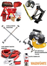 Resim teknotrust Trafik Seti Akü Takviye Kablosu Kriko Bijon Anahtarı Metal Hava Kompresörü Çiftli Lastik Tamir Kiti 