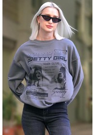 Resim Madmext Füme Baskılı Oversize Kadın Sweatshirt Mg1923 Füme 