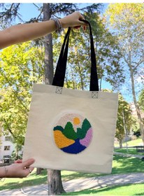 Resim Bolergıashop Cıena Grande Tasarım Canvas Omuz Çantası Bej - Beyaz - Pembe Punch İşleme 