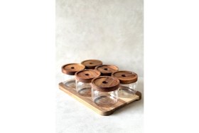 Resim UltraMint 6'lı Yuvarlak Akasya Vakum Kapaklı Kahvaltılık Seti, Cam, DKRZ-687 