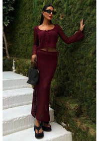 Resim WeShaya Kadın Bordo Triko Kare Yaka Uzun Kollu Takım Bordo 