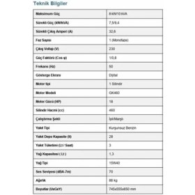 Resim Factor Benzinli Jeneratör, 8 Kw / 10 Kva, Monofaze, KGL10000CE 