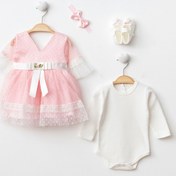 Resim Harry&Millie Ponpon Baby Pembe Kız Bebek Yenidoğan Mevlüt Elbisesi Bebek Hediyelik Elbise 4 Parça 