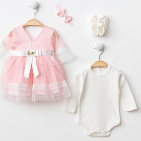 Resim Harry&Millie Ponpon Baby Pembe Kız Bebek Yenidoğan Mevlüt Elbisesi Bebek Hediyelik Elbise 4 Parça 