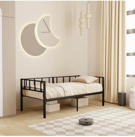 Resim Zenit Metal Karyola Siyah, Korkuluklu Karyola, Daybed, Ölçü Seçe 