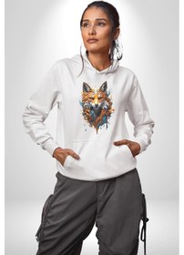 Resim Renkli Sulu Boya Kurt Yapay Zeka Tasarımı Kadın Erkek Beyaz Kapüşonlu Sweatshirt Hoodie Beyaz 