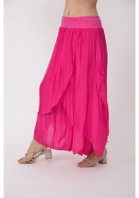 Resim Bohem Stil Kadın Asimetrik Kapaklı Ipek Şalvar Pantolon-8775 Fuşya 