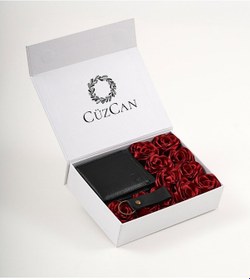 Resim Premium Gift Rose Box - M.utd Siyah Hakiki Deri Cüzdan - Kartlık - Anahtarlık Ve Kırmızı Gül Kutusu Kırmızı 