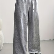 Resim Kadınların Yüksek Beli Bağcıklı Geniş Bacaklı Pantolonları - Katı Siyah Rahat Spor Pantolonları, Elastik Bel Bandı ile, Bahar Yaz Sonbahar için Rahat, Yüksek Bel Tayt Pantolonlar, Mevsimsel Moda, Minimalist Tarz, Pürüzsüz Dokulu 