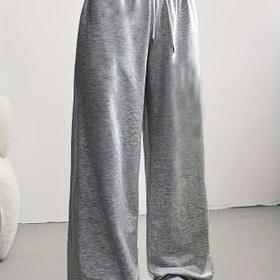 Resim Kadınların Yüksek Beli Bağcıklı Geniş Bacaklı Pantolonları - Katı Siyah Rahat Spor Pantolonları, Elastik Bel Bandı ile, Bahar Yaz Sonbahar için Rahat, Yüksek Bel Tayt Pantolonlar, Mevsimsel Moda, Minimalist Tarz, Pürüzsüz Dokulu 