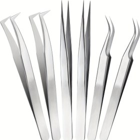 Resim Kirpik Uzatma Cımbız Seti, Kavisli ve Düz Uçlu Kirpik Aplike Aracı, Paslanmaz Çelik Hassas Cımbızlar, Gümüş Renk 