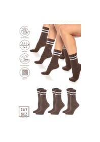 Resim Saysez Bambu Unisex Tenis Kolej Çizgili Premium Kahverengi Dikişsiz Soket Çorap 3'lü Paket Kahverengi 