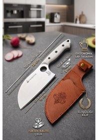 Resim Sürmene Serisi 3 Lü Mutfak Şef Bıçağı Seti Beyaz Verzalit Sap Et Sebze Kamp Outdoor Bıçak Deri Kılıflı Mft-038 