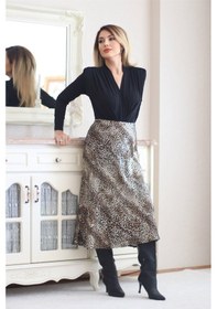 Resim Ritnice Kadın Leopar Midi Saten Etek 