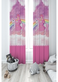 Resim Mekta Home Bebek Ve Çocuk Odası Gökuşağı Ve Unicorn Desenli 2 Kanat Fon Perde 