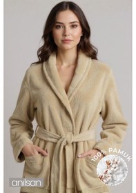 Resim %100 Pamuk Unisex Bej Bornoz - Şalyaka Otel Bornozu, Spa Için Ideal, Günlük Kullanıma Uygun Bej 