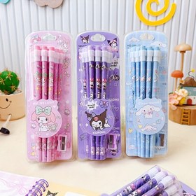 Resim 12 adet/kutu Sanrio Kurumi Melody Tarçın Köpek Kalem Silgi Başlı Yuvarlak Çubuk HB Öğrenci Özel Çizim Boyama Kalemi 