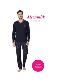 Resim Alimer Erkek Ekose Desen V Yaka Düğmesiz %100 Pamuk Mevsimlik Uzun Kol Cepli Pijama Takımı Lacivert 