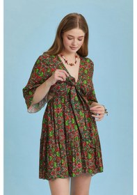 Resim Önden Bağlamalı Yeşil Desenli Yarım Kol Büyük Beden Elbise Desenli 