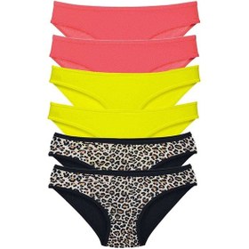 Resim 6 Adet Likralı Kadın Slip Külot Leopar Fuşya Sarı 