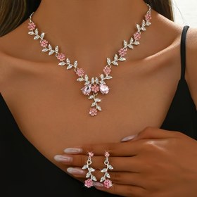 Resim Şık Pembe Çiçek Küpe ve Kolye Seti, Bayanlar için Dans Partisi Hediyesi Gelin Takısı 