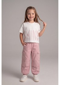 Resim Aden Kids Somon Renk Oversize Kız Çocuk Pamuk Keten Pantalonlu Alt Üst Takım Ekru - Somon 