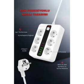 Resim Pro P11 6x Priz 3000W Termal Akım Korumalı 4x USB 2x Type-C Girişli Çoklu Priz 