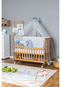 Resim Ahşap Beşik Anne Yanı Beşik Vernikli 60x120 - Mavi Yıldız 3 Yastıklı Uyku Seti + Yataklı+tekerlekli Ahşap 
