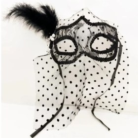 Resim Siyah Puantiyeli Duvaklı Incili Parti Maskesi 