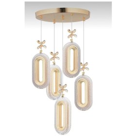 Resim 5'li Gold Kaplama Sarkıt Led Salon Avize 3 Renk Ledli Gold 