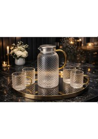 Resim Morponi Borosilikat Cam Gold Saplı Buzlu 5 Parça Sürahi Takımı Royal 1800 Ml 