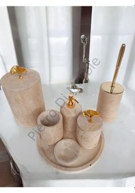 Resim Sarı Traverten Klasik Model 7 Parça Gold Renk Japon Gülü Aksesuarlı Banyo Seti Sarı Traverten 