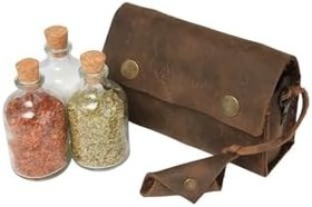 Resim Deri 3’lü Cam Baharatlık Seti - 50 cc Mantar Tıpalı Baharat Şişeleri, El Yapımı Deri Kılıflı Kamp ve Outdoor Baharatlık | Tanto Bushcraft 
